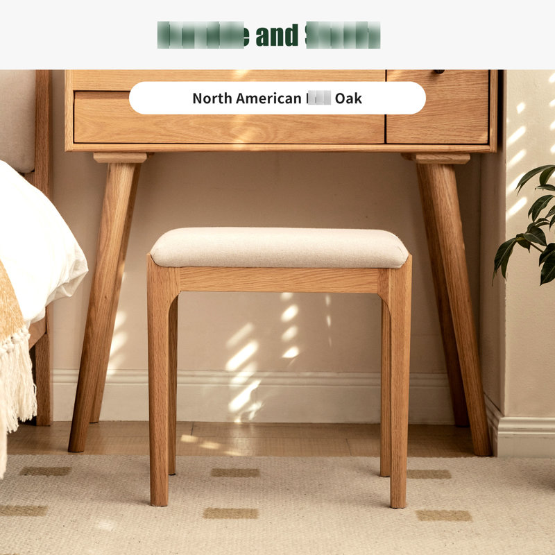 Tabouret blanc cassé en chêne rouge, pré-assemblé, s'adapte aux petits espaces, mousse haute densité, coussin de meuble-lavabo massif complémentaire au décor scandinave, entièrement idéal pour les salles de bain, tissu doux et doux