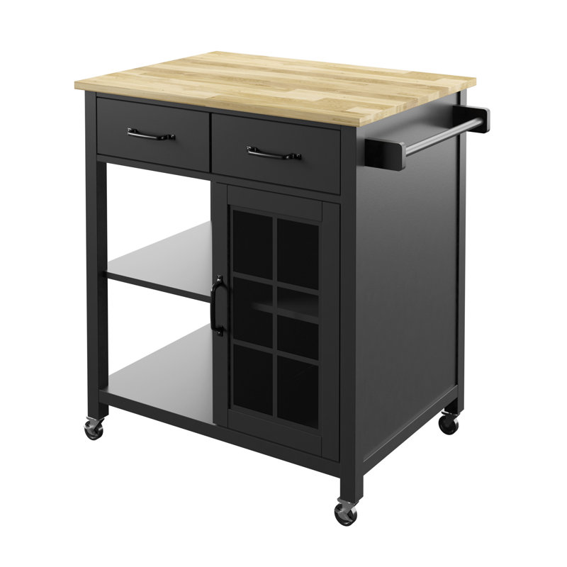 32" W Solid Wood Top Kitchen Cart with Locking Wheels, Black