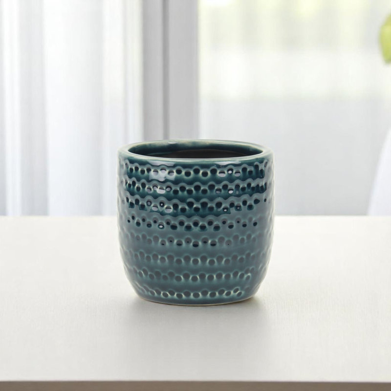 Pot à fleurs rond en céramique bleu sarcelle à pois 17 onces