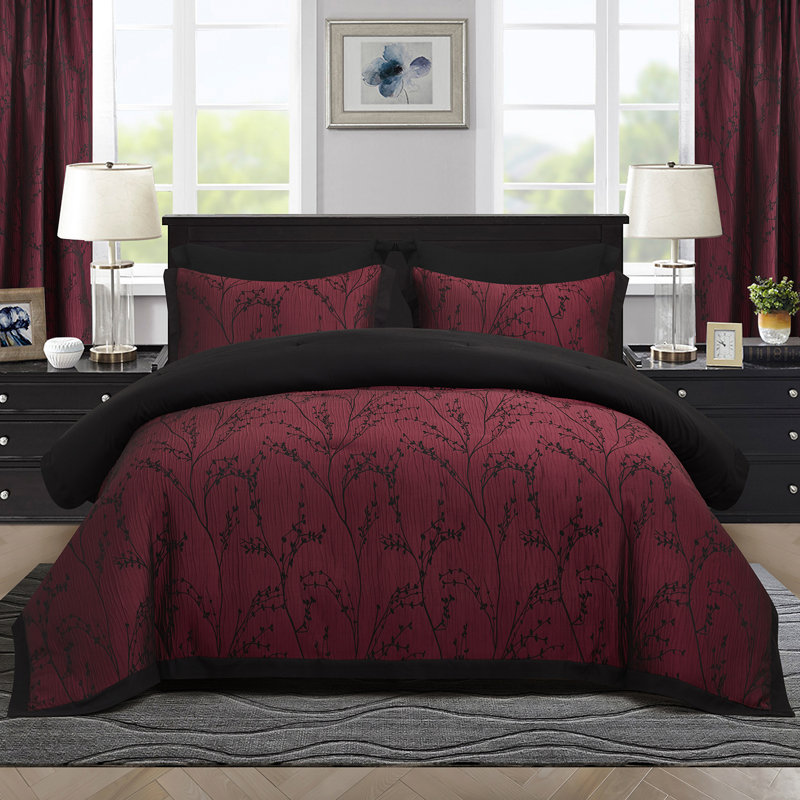 7 Pieces Jacquard Patchwork Comforter Set With Matching Curtains,Bed In A Bag, King Comforter + 6 Additional Pieces, Burgundy