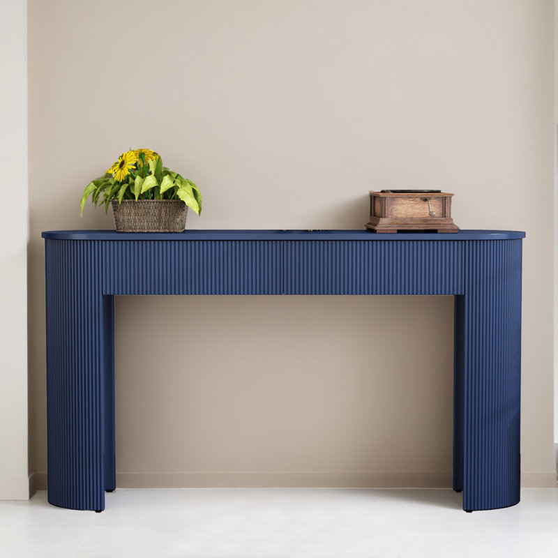 Modern Console Table With Oval Top, 2 Drawers And Fluted Design, Navy