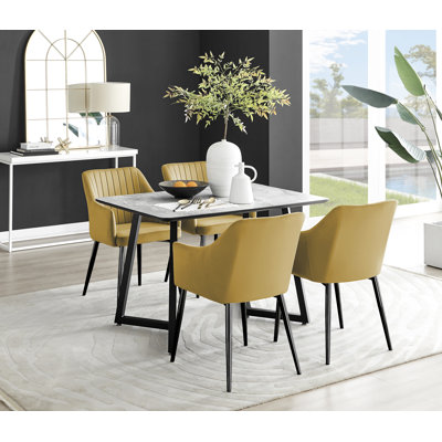 Industrial Design White & Grey Marble Effect Melamine Dining Table Set with 4 Velvet Dining Chairs