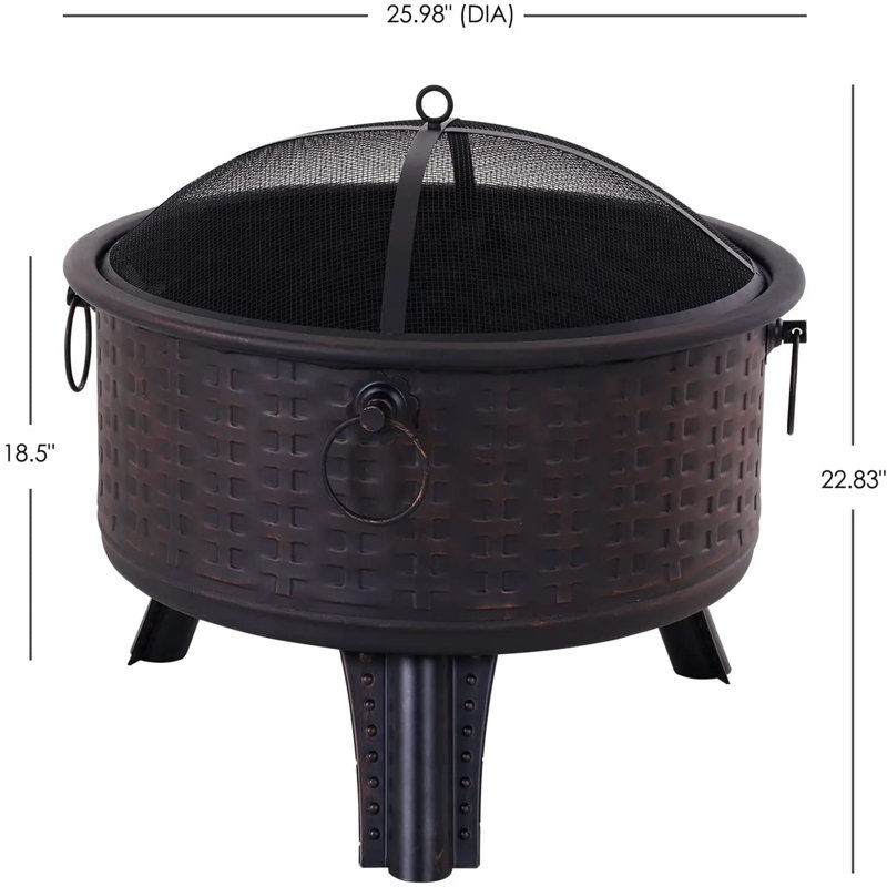 Foyer d'extérieur au feu de bois de 26 pouces avec pare-étincelles et pieds de trépied, pour les rassemblements de jardin, de patio ou de jardin