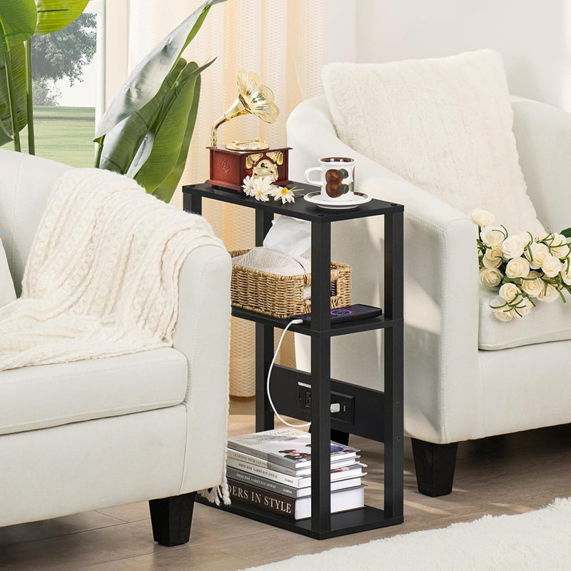 3-Tier Small Narrow Wood Side Table Set Of 2 With Charging Stati...