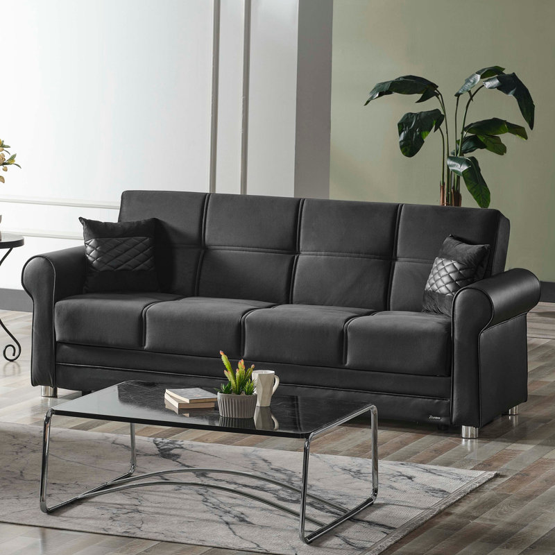 Sara Fabric Upholstered 3-in-1 Sleeper Sofa Bed with Storage, Black Polyester, 36.61"H x 87.79"W x 33.46"D