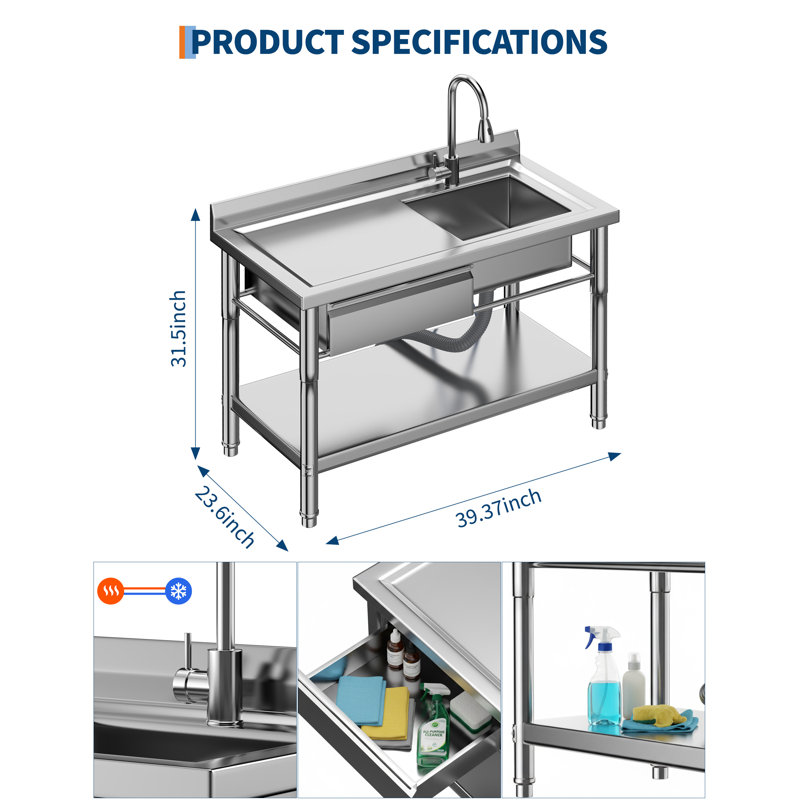 Bac utilitaire autoportant robuste en acier inoxydable de 181 kg (400 lb) – Bac à lessive à une cuve avec robinet extractible, tiroir de rangement et établi – Bac de cuisine commercial pour restaurant ou garage – Avec tiroirs