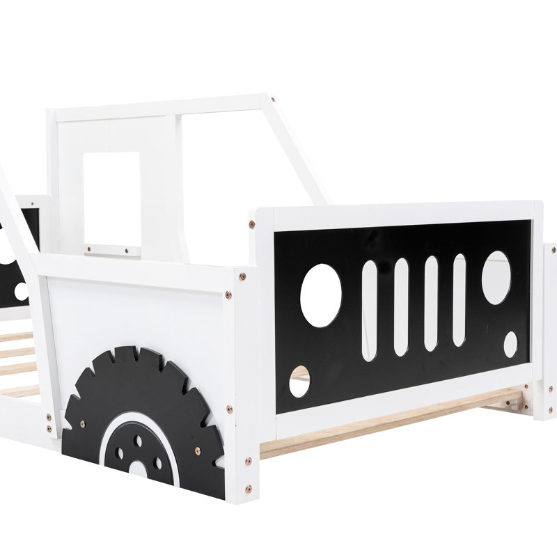 White Twin Size Car Bed With Wheels - Construction Of Pine Wood And For Bedroom Classic Car-Shaped Platform In, Twin, White