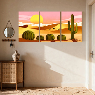 Cactus du désert, coucher de soleil, paysage de cactus, ensemble de 3 reproductions d'art sur toile