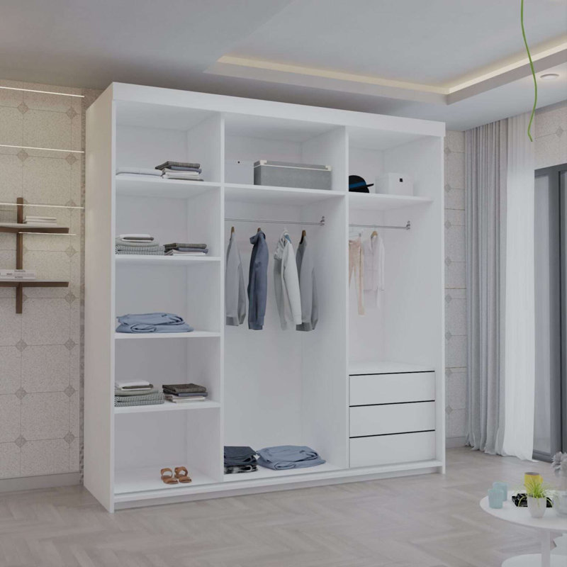 2 Door Laminate Wardrobe, White, 216cm H x 200cm W x 62cm D