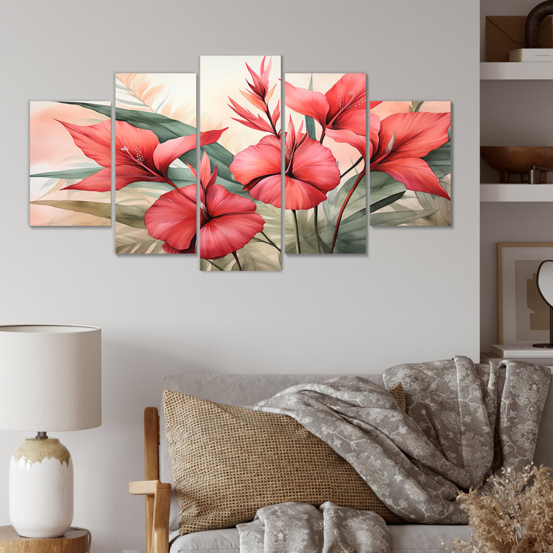 Plantes tropicales de corail rétro - art mural multicolore fuschia