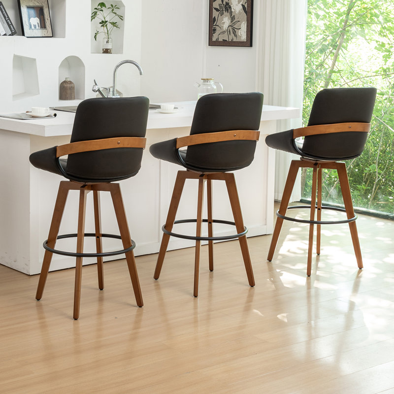 Modern Leather Upholstered Swivel Counter & Bar Stools, Black, 3, Bar Stool (74.9cm Seat Height)