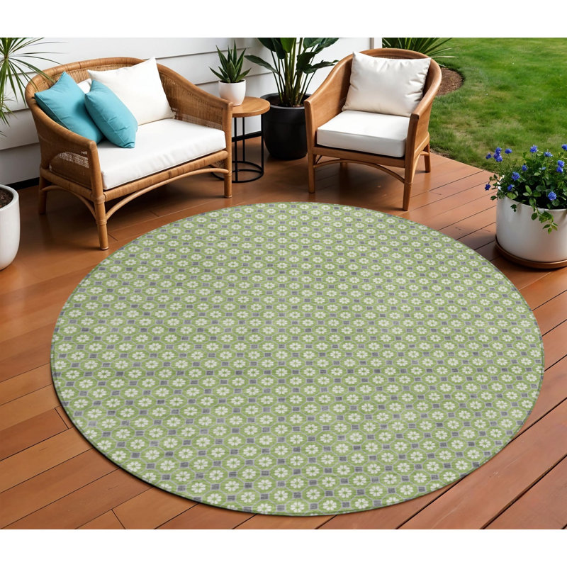 Tapis d'intérieur rond 8 pi vert et gris à motif floral lavable