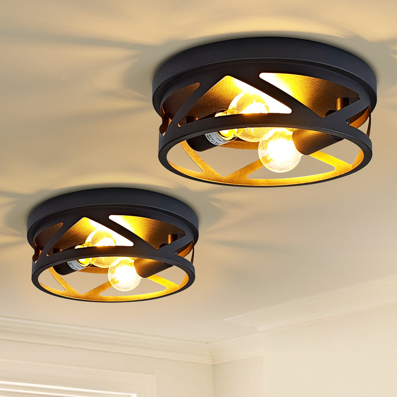 Farmhouse Flush Mount Ceiling Light, Matte Black Metal Cage Ceiling Fixture For Kitchen & Hallway (Set of 2), 2 Lights