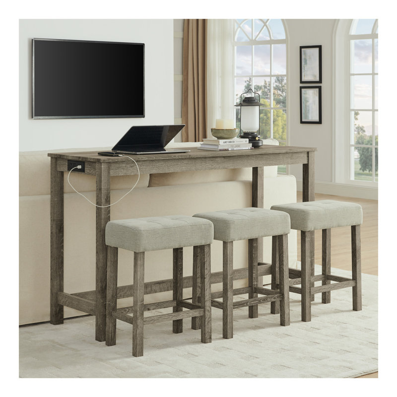 59 Inch Bar Table, Dining Table, Sofa Table with Power Outlet, 3 Upholstered Stools, 4 Piece Bar Table and Chair Set for Living Room, Dining Room, Kitchen