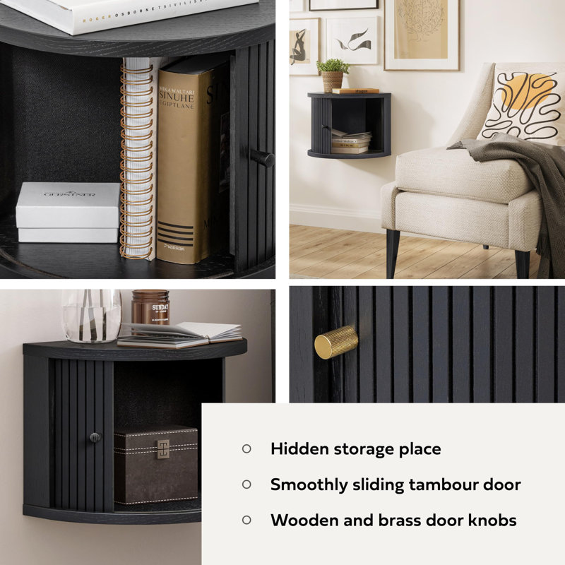 Fully Assembled Fluted Floating Nightstand with Rounded Corners - 16'' Scandinavian Wall Mounted Bedside Table & Shelf with Storage (Black Oak)