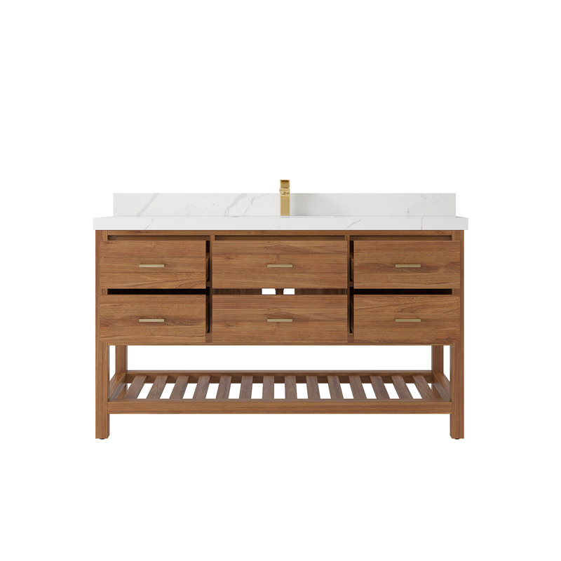 Parker Teak 60'' Single Bathroom Vanity with Quartz Top, Calacatta Laza