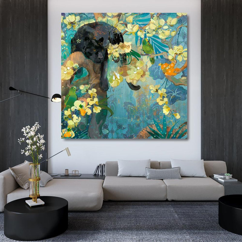 Art sur toile tendue par Artval Evalia Designs, titre: Jaguar noir, H 36 po x l 36 po