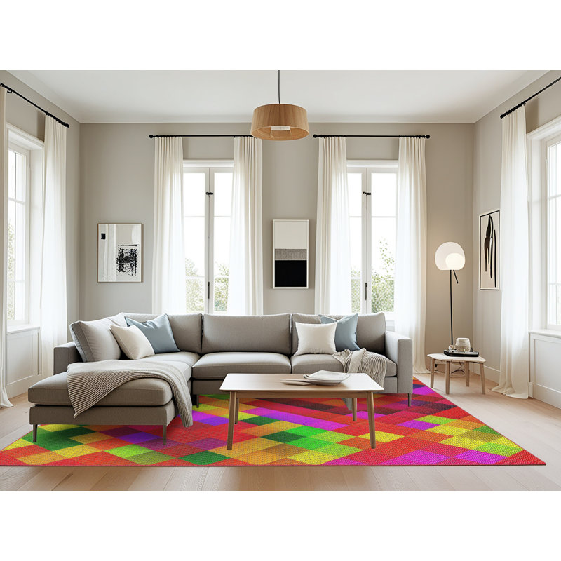 Tapis jaune/vert/rouge tissé à la machine, Rectangle 8 pi x 12 pi