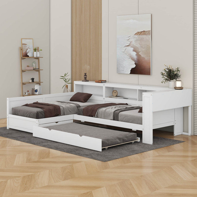 Lit plateforme simple en L en bois avec lit gigogne et tiroir, Blanc