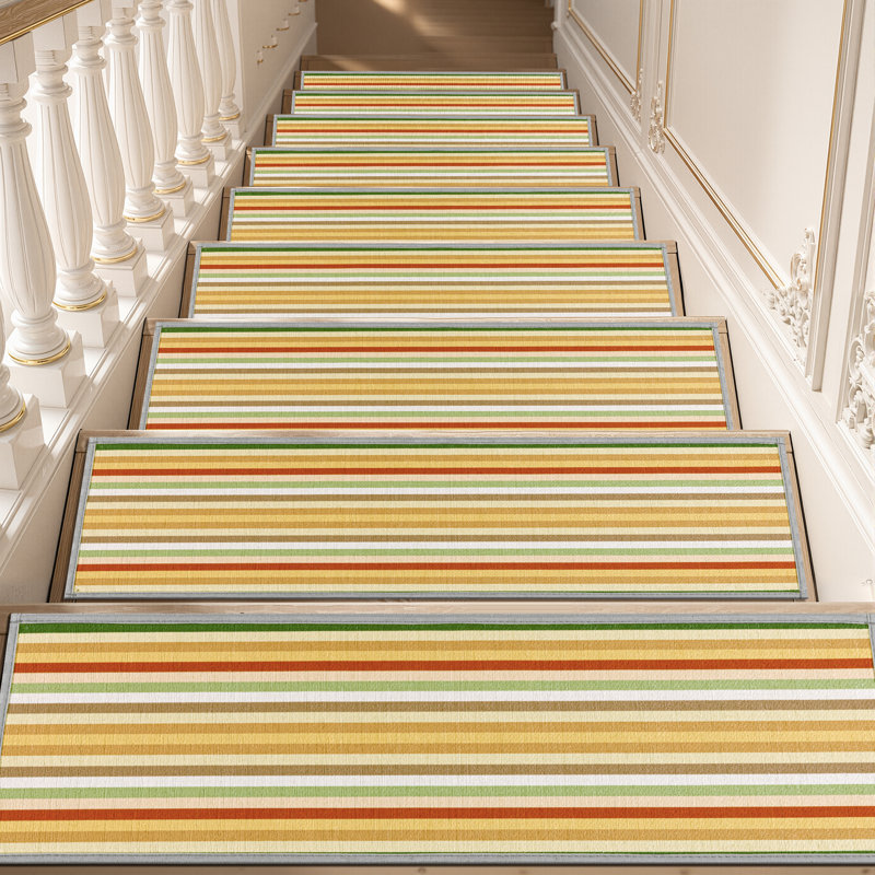 Non-Slip Stair Treads with Tape  Stripes Stair Runner Rug (Set of 15), Orange Striped