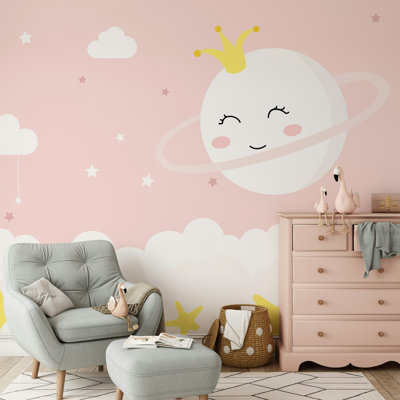 Papier peint amovible Sourire pleine lune avec étoiles sur fond rose