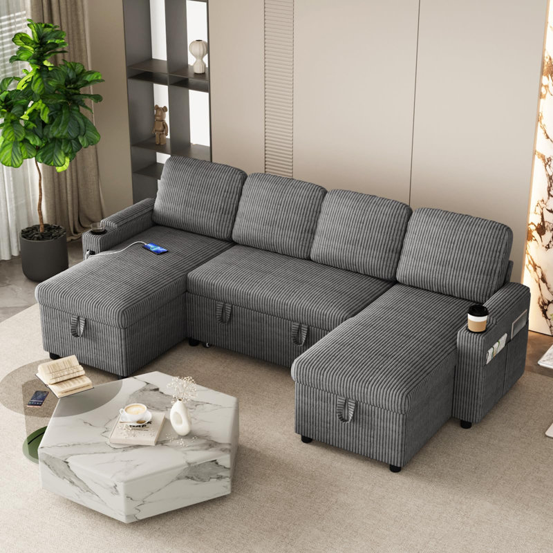 Corner Sofa Bed, U-shaped Sleeper Sectional Couch Bed, 3-in-1 Convertible Pull Out Sofa Bed With Adjustable Backrest, Storage, Usb And Cup Holder For Living Room