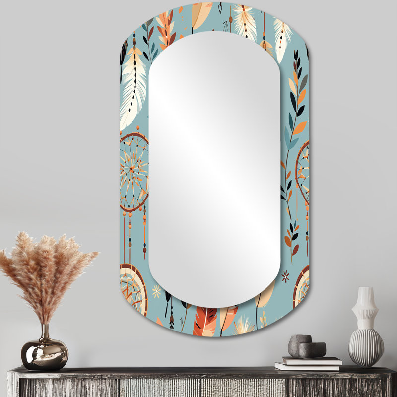 Liz Dreamcatchers Boho Pattern - Boho Asymmetrical Wall Mirror, Bohemian Cylinder Decorative Mirror, Printed Metal Art