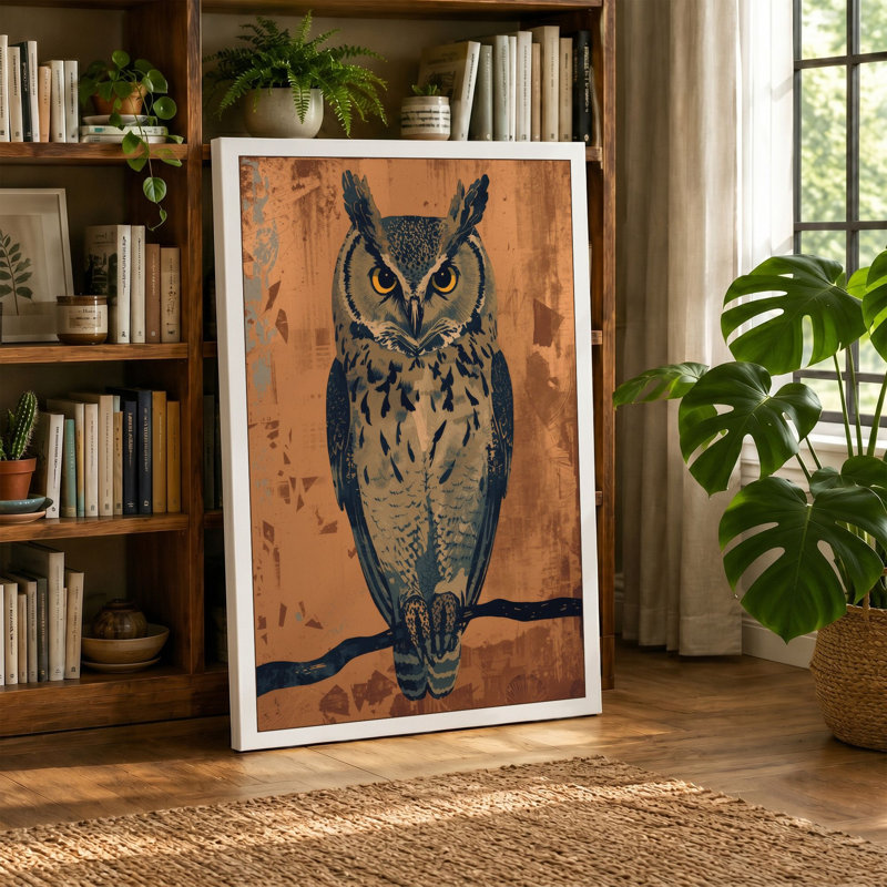 Owl on Branch Boho - Wrapped Canvas, 36x24 - 91.4 x 61.0 cm, Ochre Border