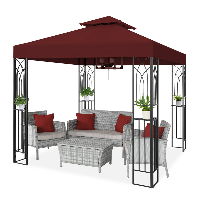 8x8 Red Metal Patio Gazebo with Corner Shelves