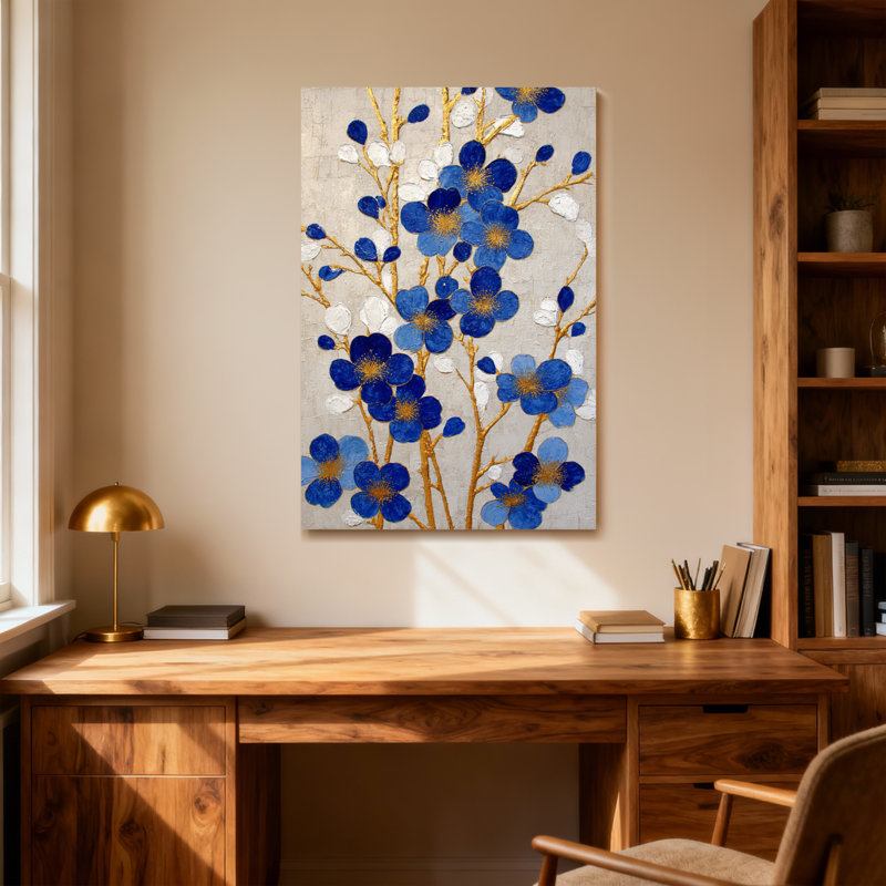 Plantes et fleurs Fleurs bleues avec tiges dorées et accents blancs, H 16 po x l 24 po