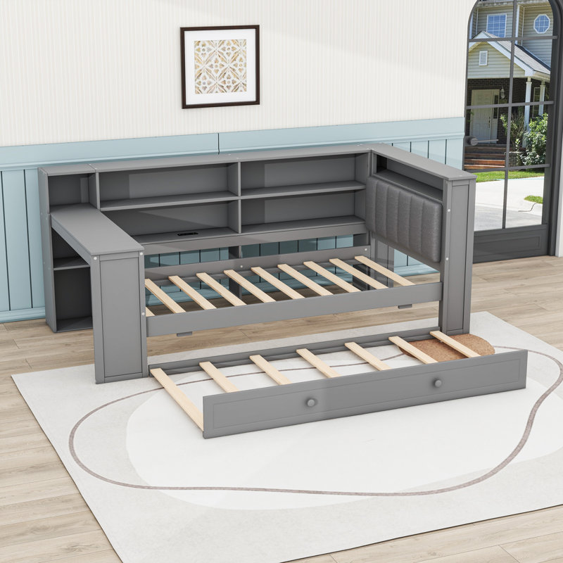 Daybed with LED Light, Built-In Storage, Desk, and Charging Station, Gray, Twin