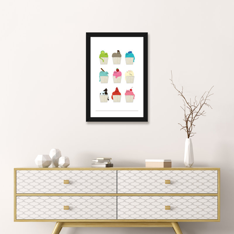 «Cupcat Flavors» par Big Nose Work - impression d'art graphique, Papier encadré noir, Blanc, H 24 po x l 16 po x P 1 po