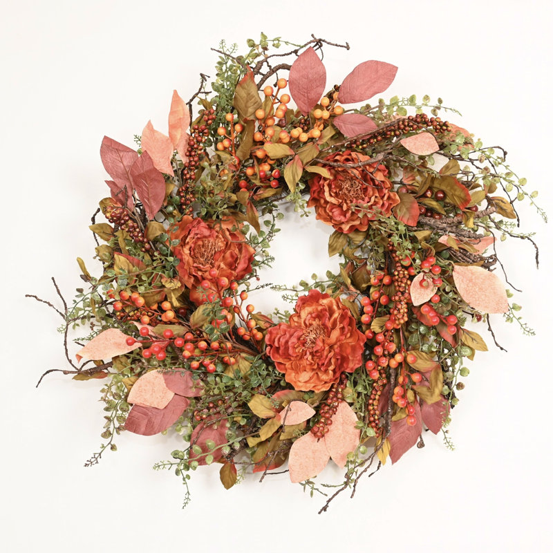 Couronne de pivoines orange artificielle 24 po avec baies mélangées, couronne de campagne rustique de l'Action de grâce