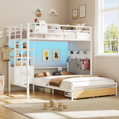 Bunk beds with a twin-size upper bunk and a full-size lower bunk, each equipped with 4 storage drawers and 3 open shelves; metal bunk beds with LED lights, charging stations, and wall hangings; L-shaped bunk beds with safety rails and ladders.