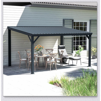 10x14FT Lean to Gazebo, Outdoor Hardtop Wall Mounted Shelter with Sloping Galvanized Steel Roof and Drainage System for Deck and Backyard