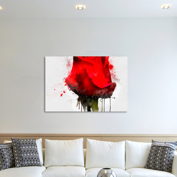 Gerahmtes Leinwandbild  Knallrote Rose im Splash Art Stil