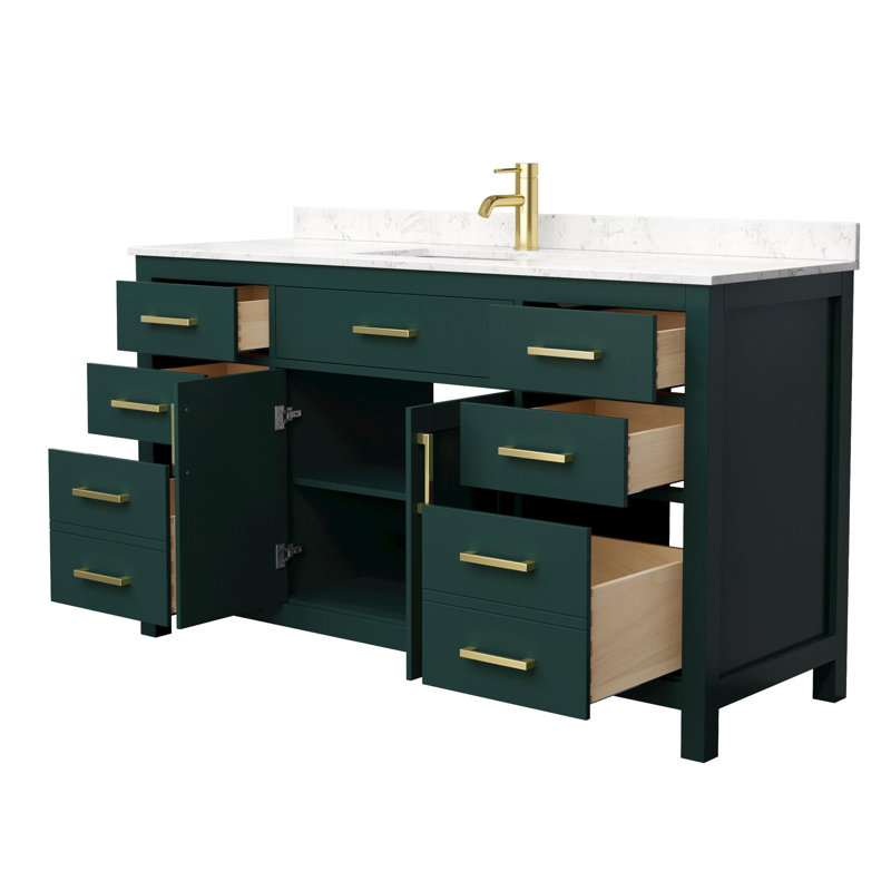Meuble-lavabo simple autoportant avec plateau en marbre 60 po Beckett, Vert, Or brossé, Marbre de culture de Carrare