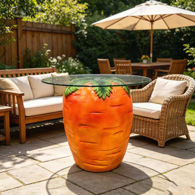 Carrot Shaped Side Table, Resin Fruit Stool with Glass Top, Novelty End Table for Living Room Bedroom Home Decor