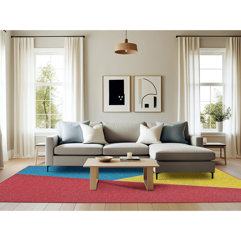 Tapis jaune / bleu / bleu, Rectangle 6 pi x 9 pi