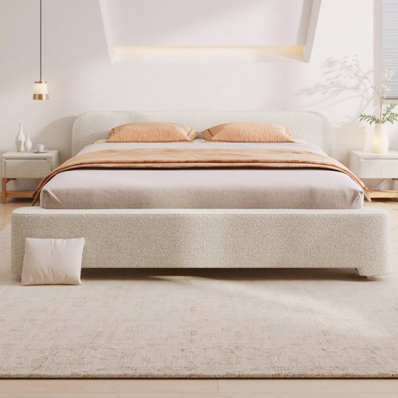 King/ Queen Size Cozy White Boucle Upholstered Bed Frame with Wood Support For Bedroom, Queen