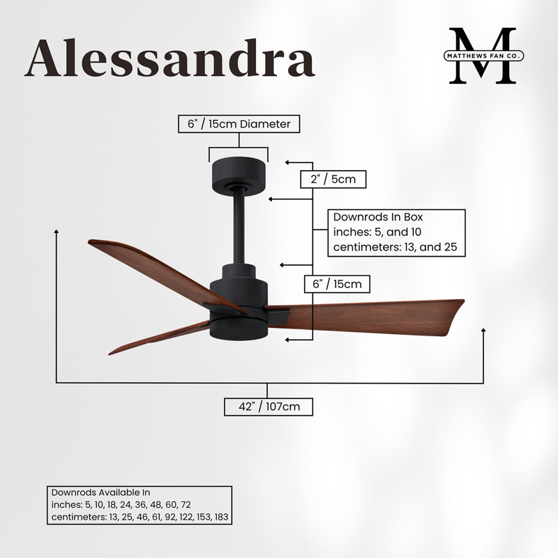 Alessandra Outdoor Downrod Ceiling Fan, Matte Black, Walnut