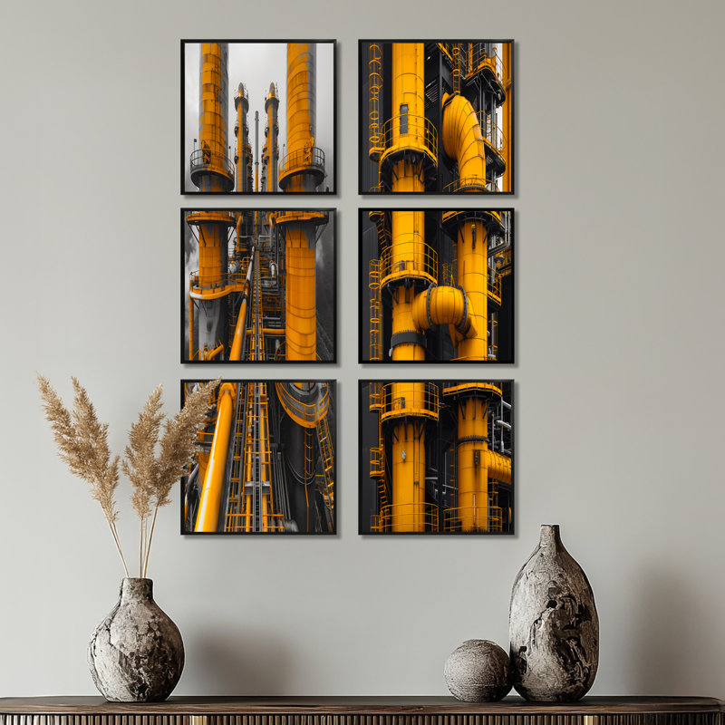 Ensemble de 6 reproductions d'art sur toile monochrome jaune et gris, Impression encadrée sans passe-partout, Noir