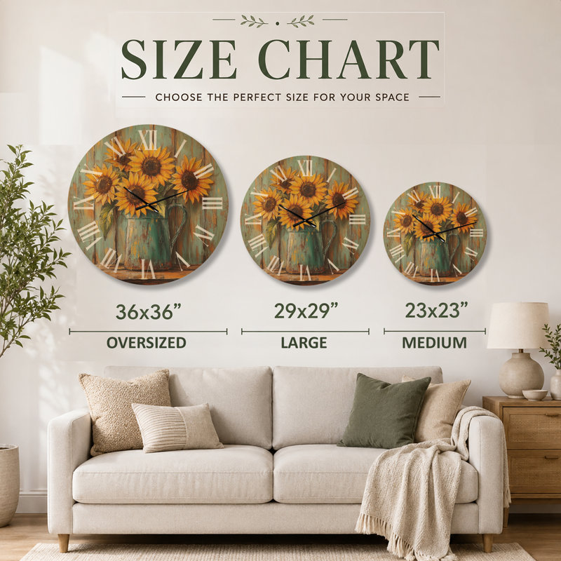 Très grande horloge murale pastorale ronde en bois rustique - tournesols dans un pichet en émail, Oversized