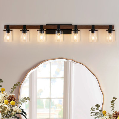 Industrial & Farmhouse Bathroom Vanity Light Over Mirror With Metal & Wood Frame