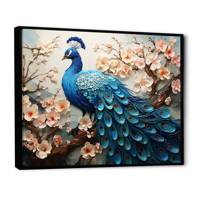 «Flower Peacock S Vibrant Show II», art mural sur toile paon, H 24 po x l 32 po x P 1 po, Cadre flottant noir