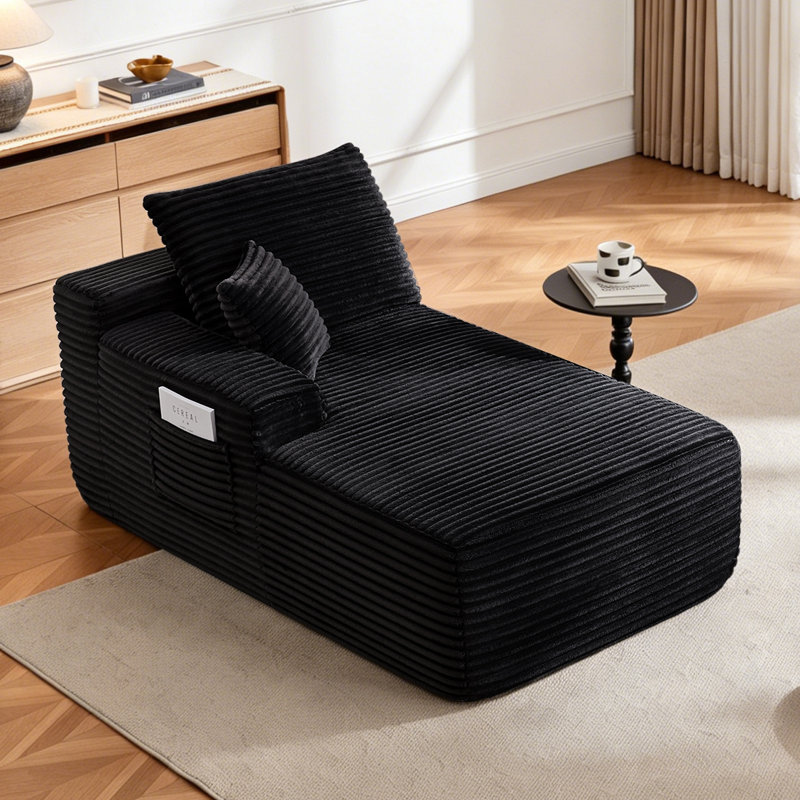 Méridienne gauche de 37,5 pouces avec velours noir moelleux, sans porte-gobelet, assortie flexible, principalement pour le salon.
