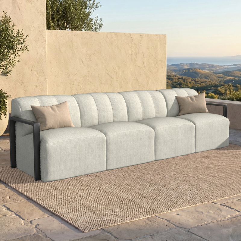 Canapé d'angle modulaire moderne en aluminium à structure ouverte, grand format, 4 pièces, avec coussins Sunbrella