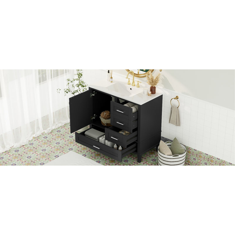 Meuble-lavabo moderne 36 po avec cadre en pin massif, 1 porte à fermeture douce et 3 tiroirs, armoire de rangement moderne