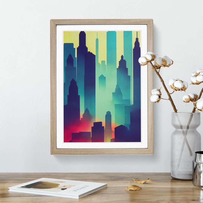 City Skyline Watercolour No.6 Abstract 1 Piece Single Picture Frame Painting, 64cm H x 46cm W x 2cm D, Oak