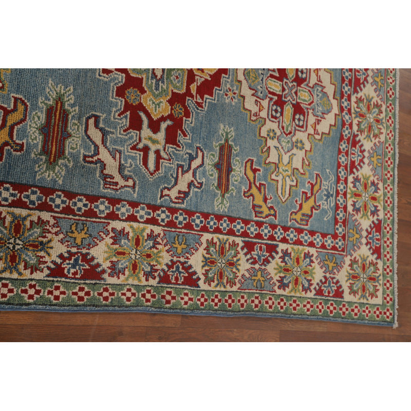 Tapis bleu clair à motif géométrique Kazak